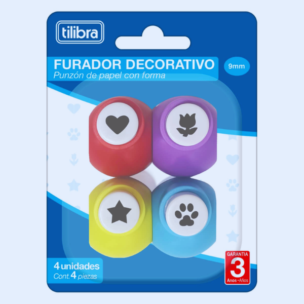 Furador Papel e EVA Decorado Sortido 9MM Tilibra - Coração, Pata, Flor e Estrela