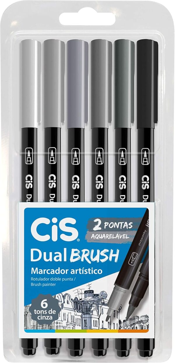 Marcador astístico, Dual Brush 58.0303, Cinza, Pacote com 6 - CIS